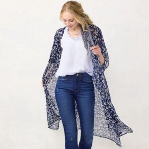 #50 NWT LC Lauren Conrad Boho Navy Blue Floral Sheer Duster Kimono Swim Cover-Up